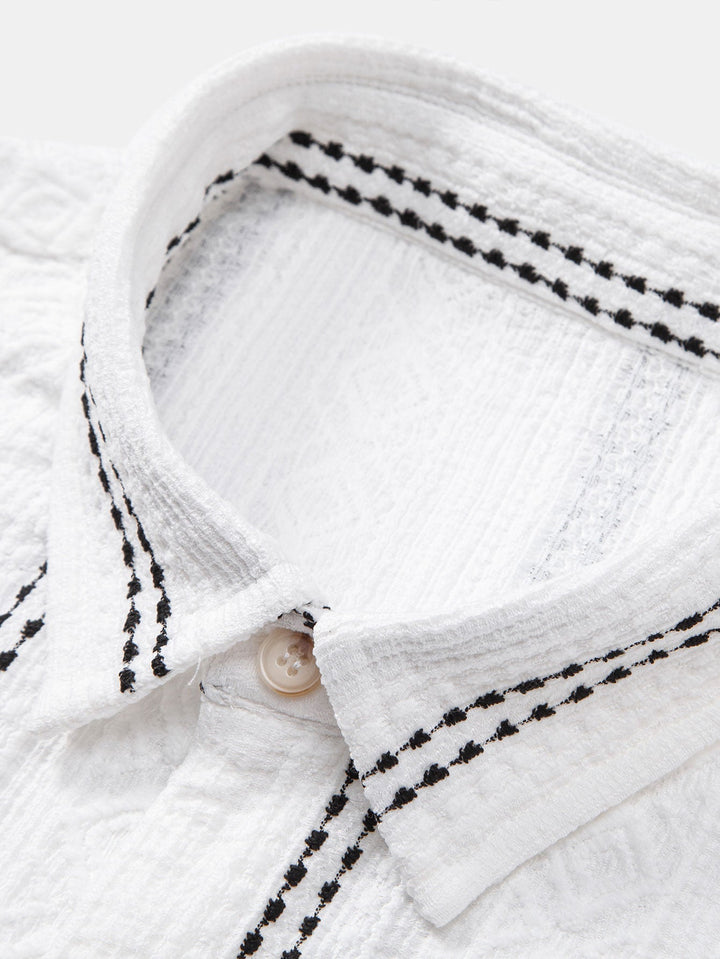 Geometric Stripe Jacquard Button-Up Shirt & Straight Leg Linen Pants