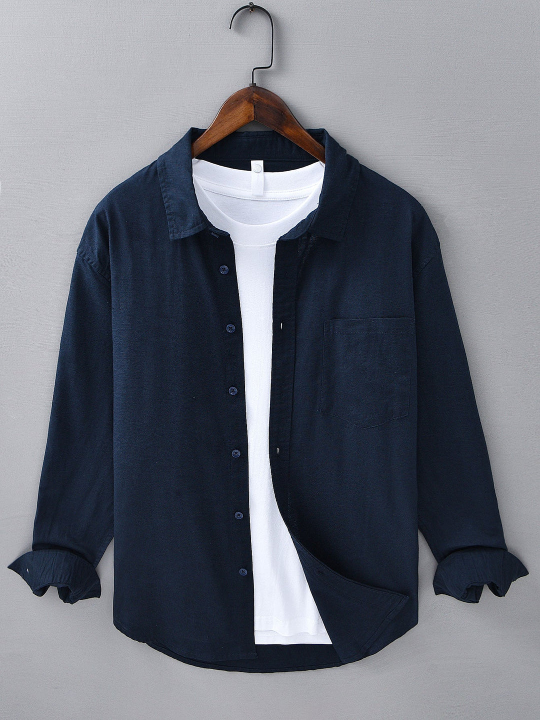 Long Sleeve Linen and Cotton Shirt with Pocket & Straight Leg Linen Pants