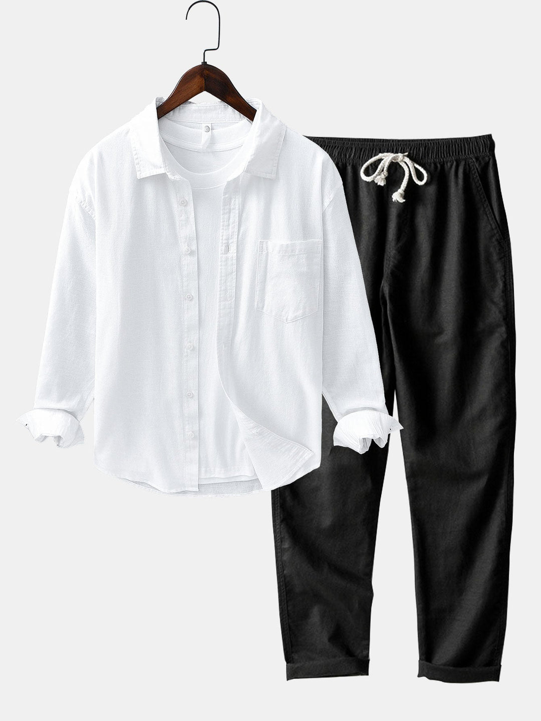 Long Sleeve Linen and Cotton Shirt with Pocket & Straight Leg Linen Pants
