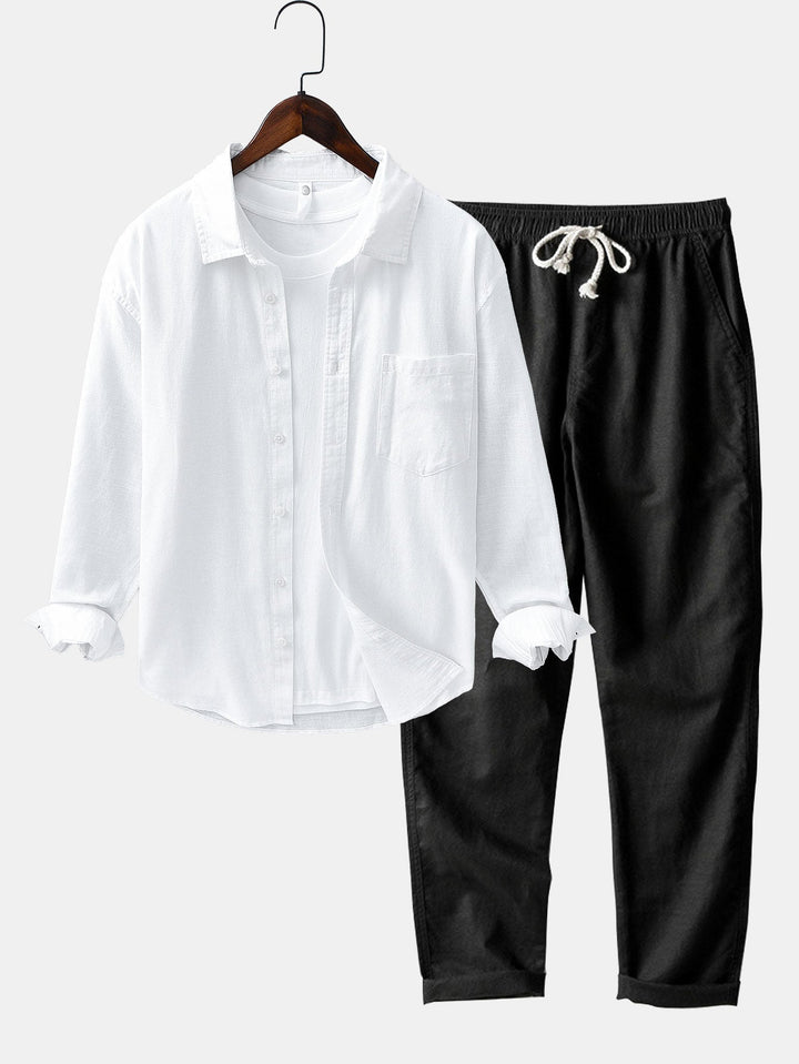 Long Sleeve Linen and Cotton Shirt with Pocket & Straight Leg Linen Pants