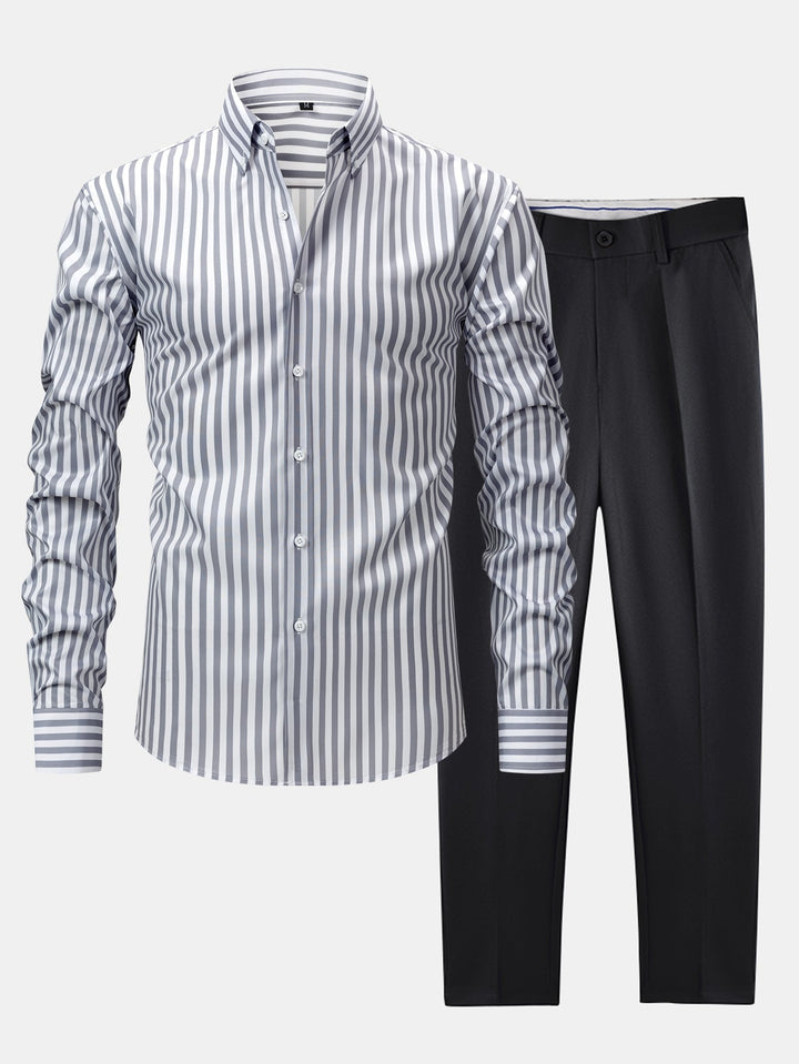 Long Sleeve Striped Shirt with Buttons & Slim Fit Tapered Pants
