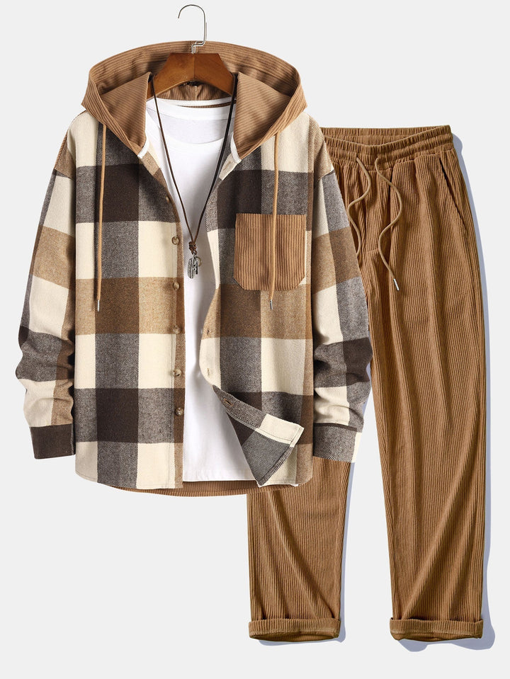 Flannel Patchwork Hoodie in Relaxed Fit & Straight Corduroy Pants