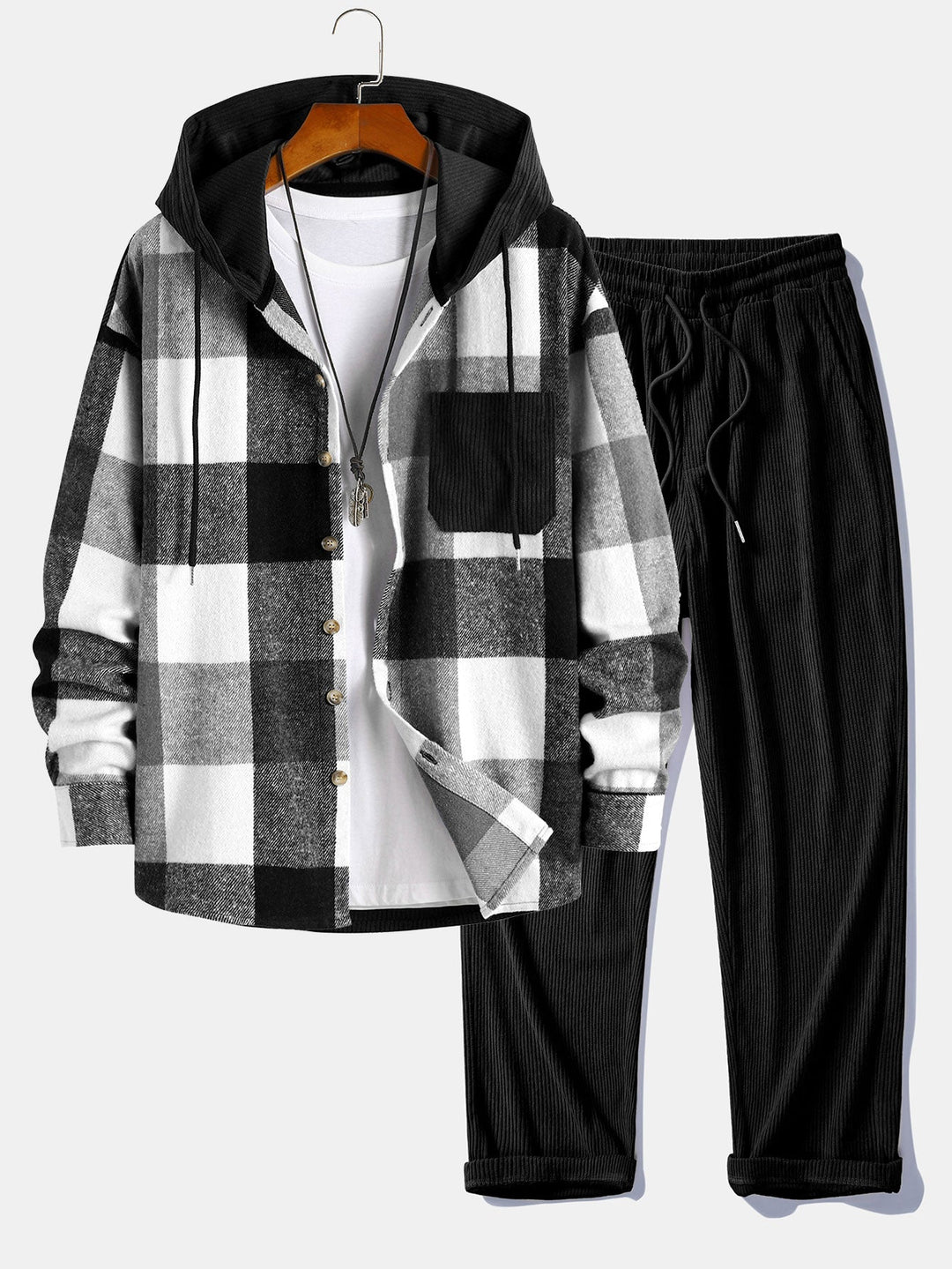 Flannel Patchwork Hoodie in Relaxed Fit & Straight Corduroy Pants