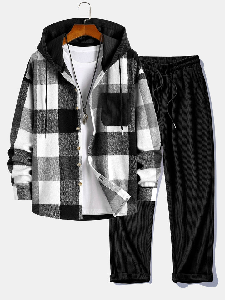 Flannel Patchwork Hoodie in Relaxed Fit & Straight Corduroy Pants
