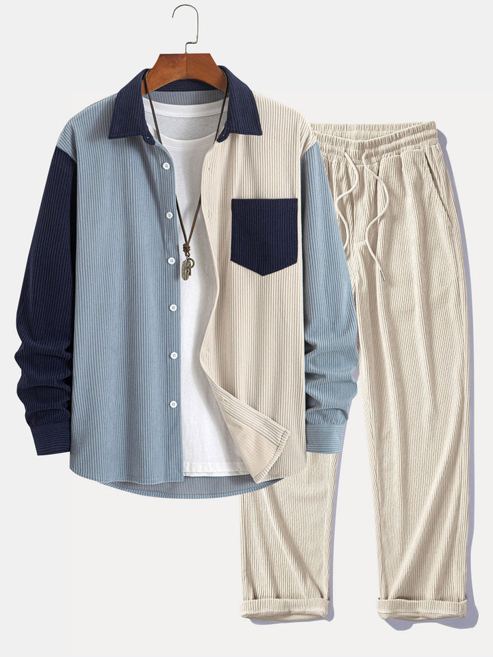 Corduroy patchwork shirt and straight corduroy pants