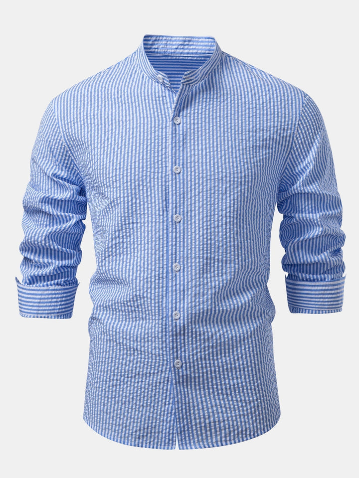 Striped Seersucker Shirt with Stand Collar
