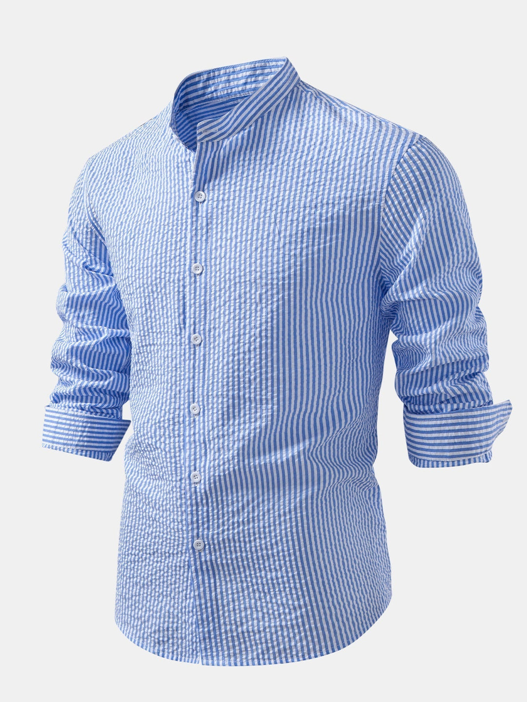 Striped Seersucker Shirt with Stand Collar
