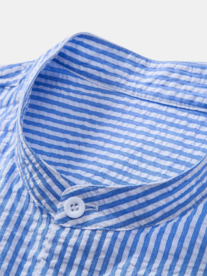 Striped Seersucker Shirt with Stand Collar
