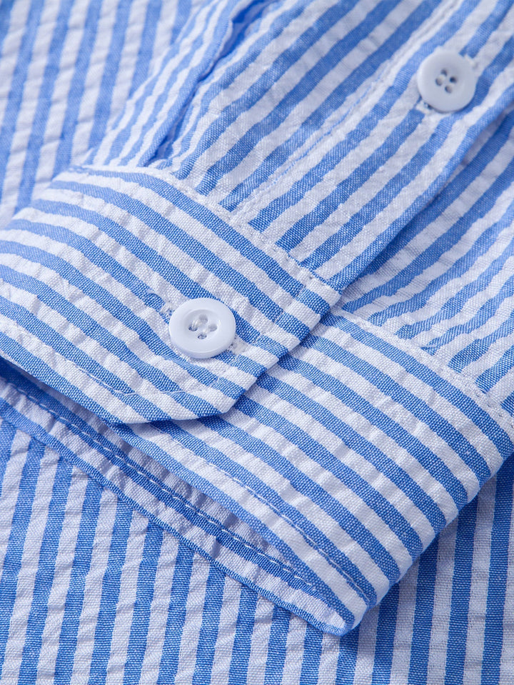 Striped Seersucker Shirt with Stand Collar
