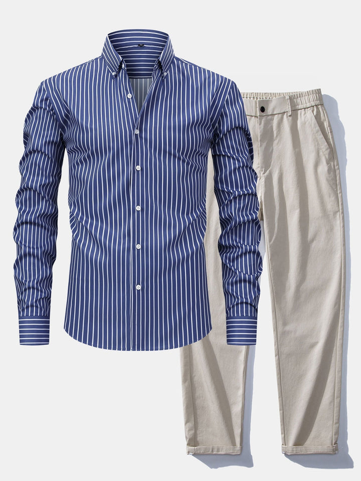 Long Sleeve Striped Shirt with Buttons & Straight Leg Elastic Waist Pants