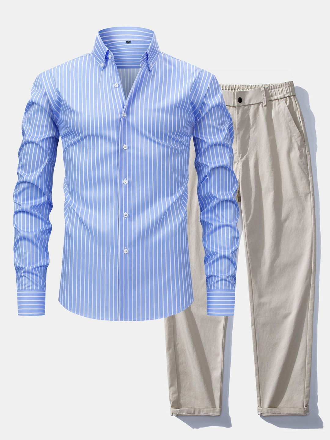 Long Sleeve Striped Shirt with Buttons & Straight Leg Elastic Waist Pants