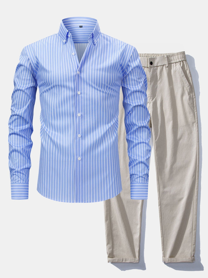 Long Sleeve Striped Shirt with Buttons & Straight Leg Elastic Waist Pants
