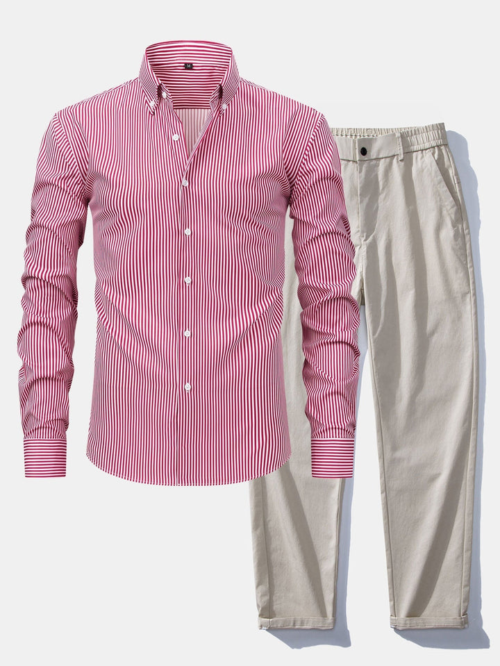 Long Sleeve Striped Shirt with Buttons & Elastic Waist Straight Pants