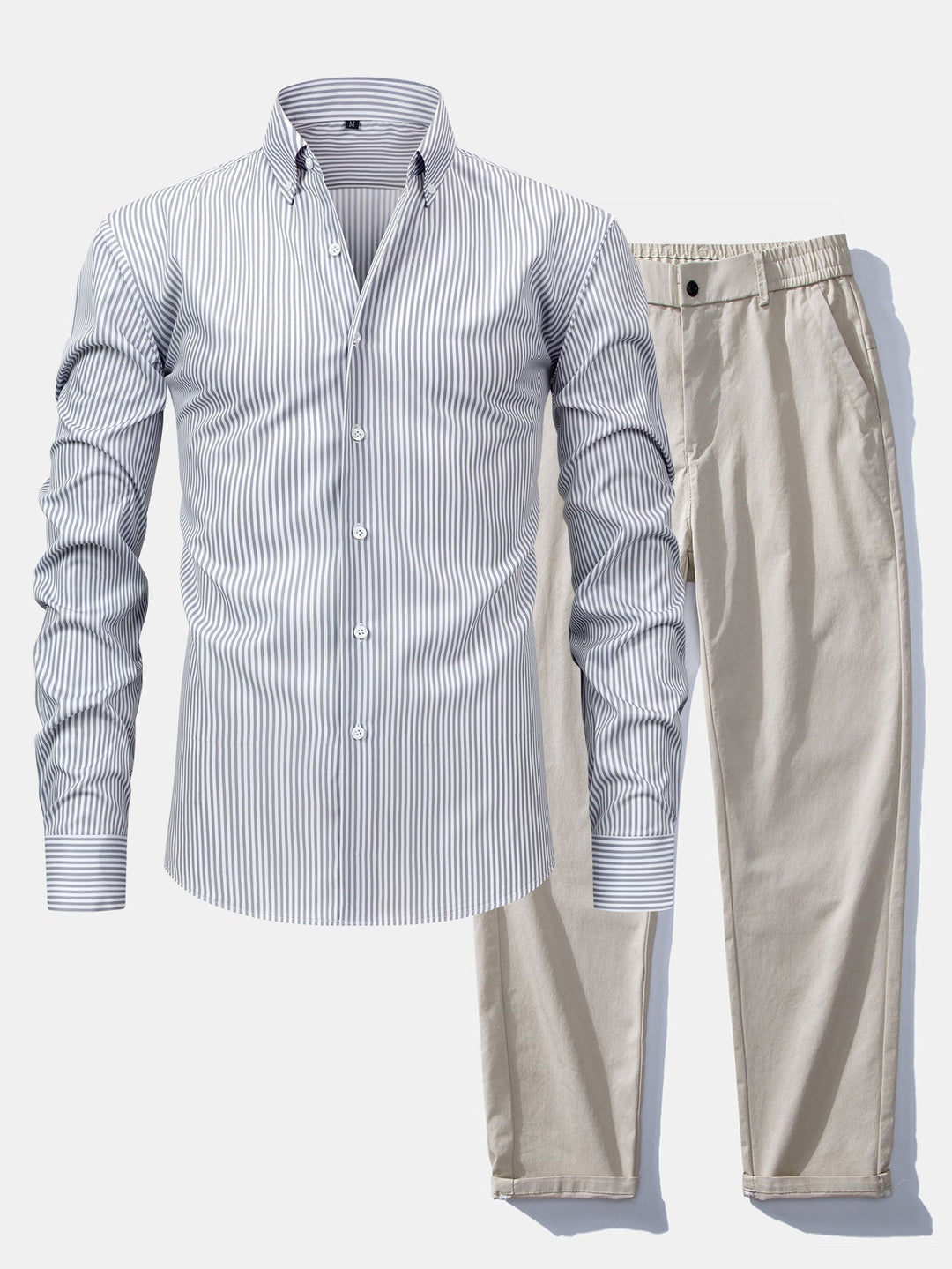 Long Sleeve Striped Shirt with Buttons & Elastic Waist Straight Pants