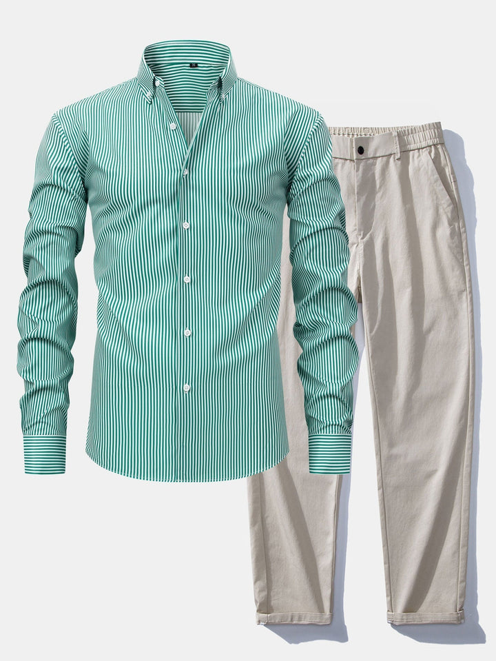 Long Sleeve Striped Shirt with Buttons & Elastic Waist Straight Pants