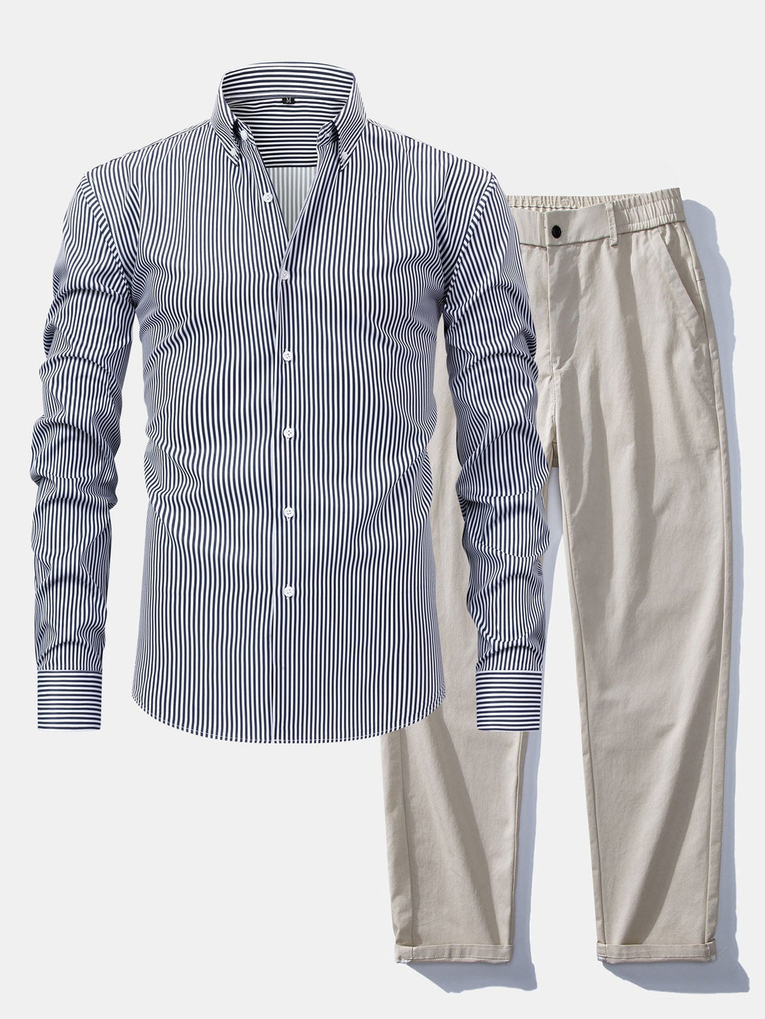 Long Sleeve Striped Shirt with Buttons & Elastic Waist Straight Pants
