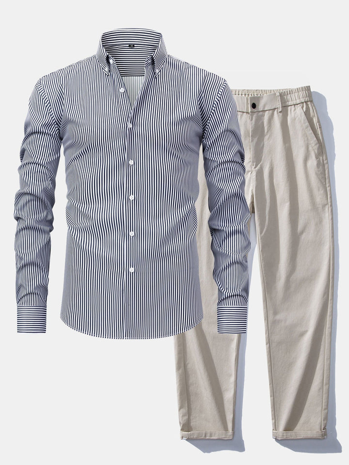Long Sleeve Striped Shirt with Buttons & Elastic Waist Straight Pants