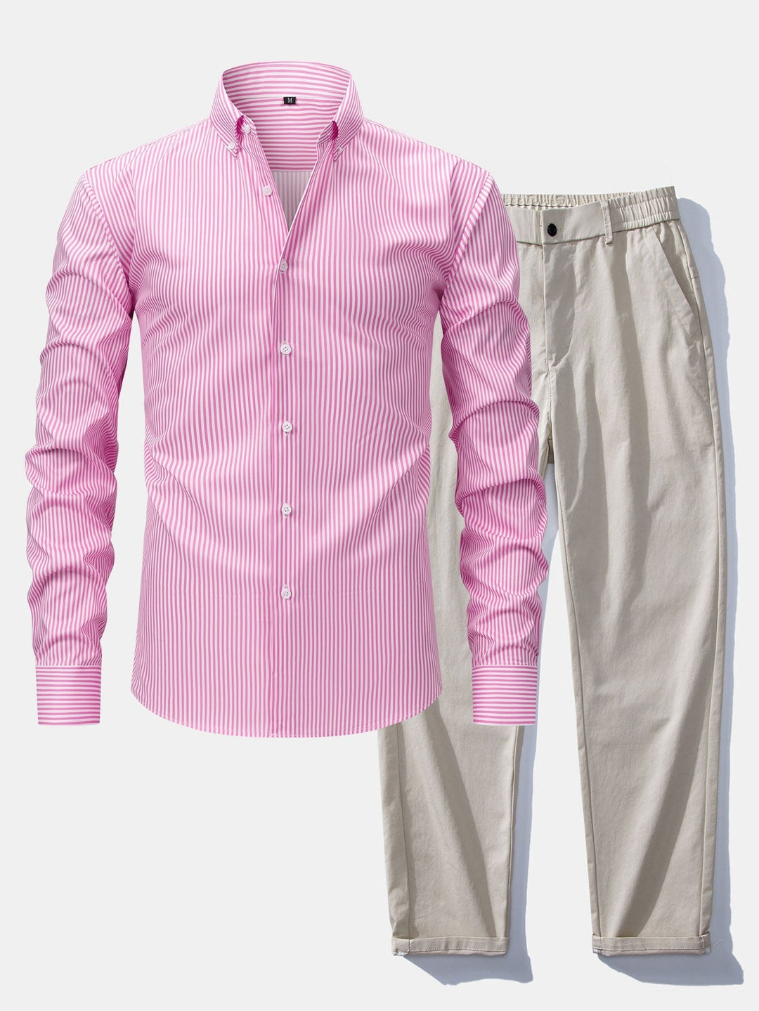 Long Sleeve Striped Shirt with Buttons & Elastic Waist Straight Pants