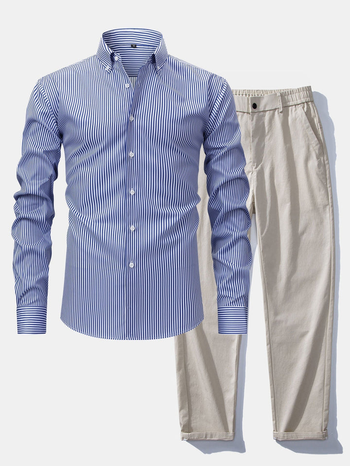 Long Sleeve Striped Shirt with Buttons & Elastic Waist Straight Pants
