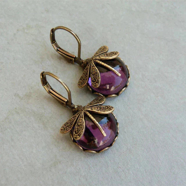 Vintage Dragonfly Earrings in Antique Gold
