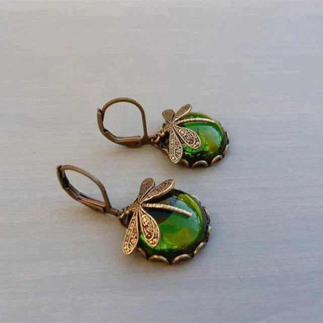 Vintage Dragonfly Earrings in Antique Gold