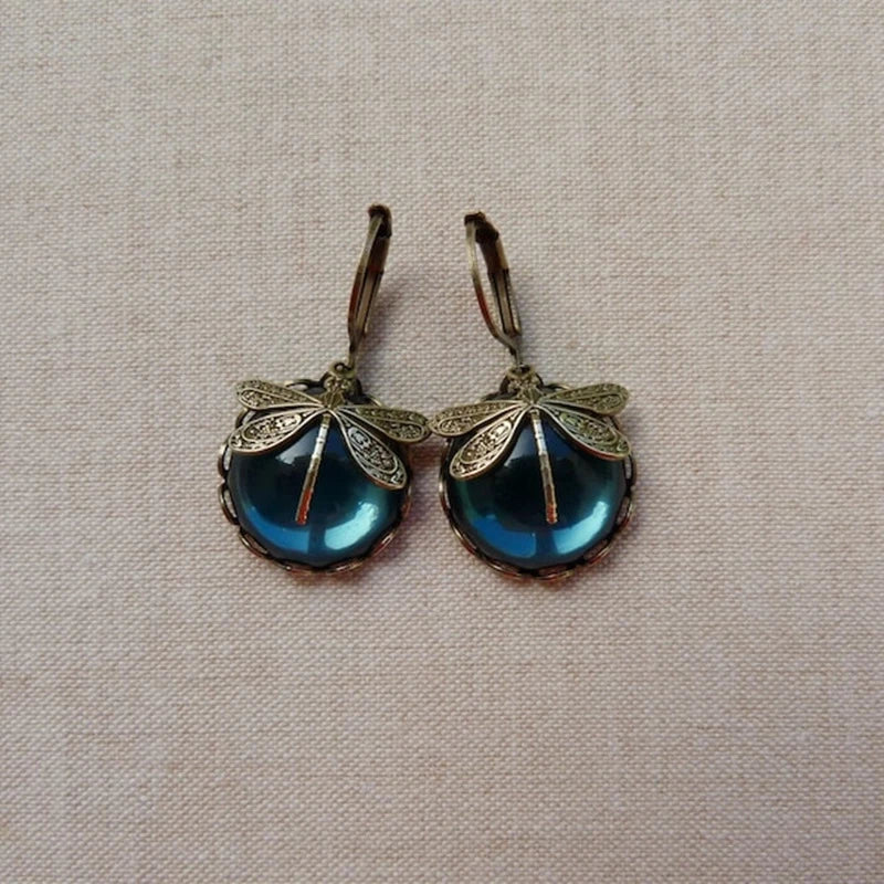 Vintage Dragonfly Earrings in Antique Gold