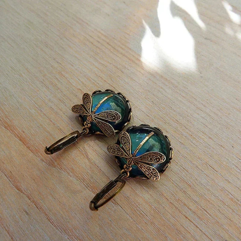 Vintage Dragonfly Earrings in Antique Gold