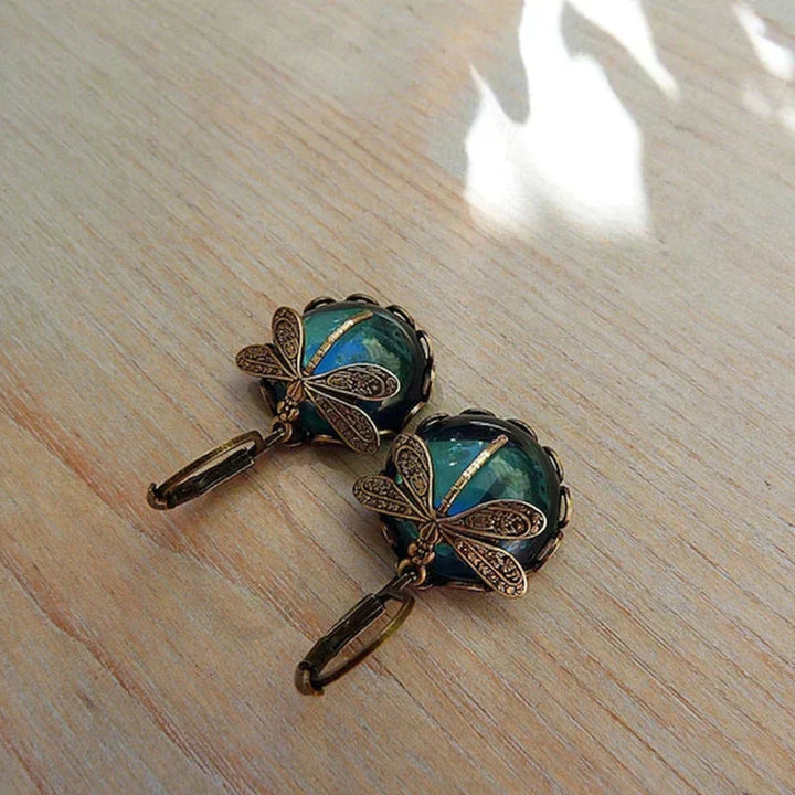 Vintage Dragonfly Earrings in Antique Gold