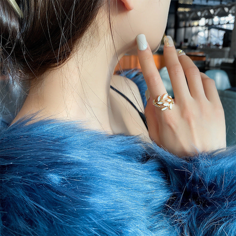 Gold Leaf Adjustable Ring with White Opal