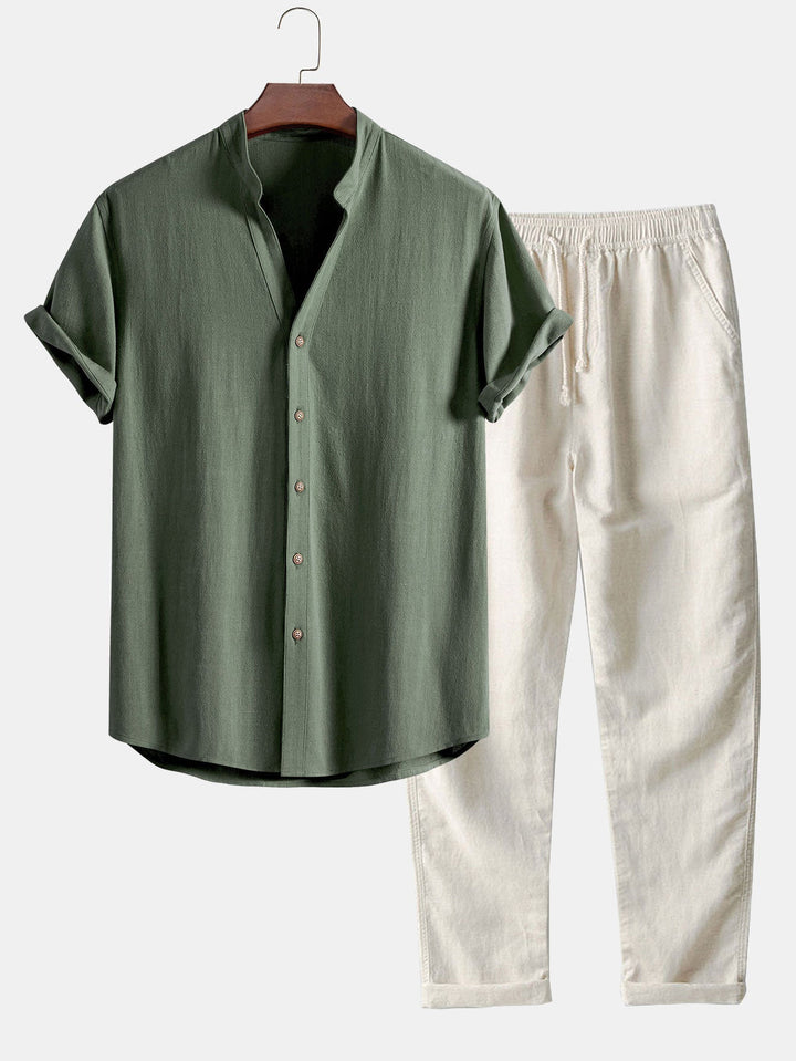 Linen and Rayon Blend V-Neck Shirt & Straight Leg Linen Pants
