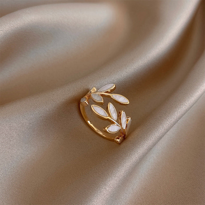 Gold Leaf Adjustable Ring with White Opal