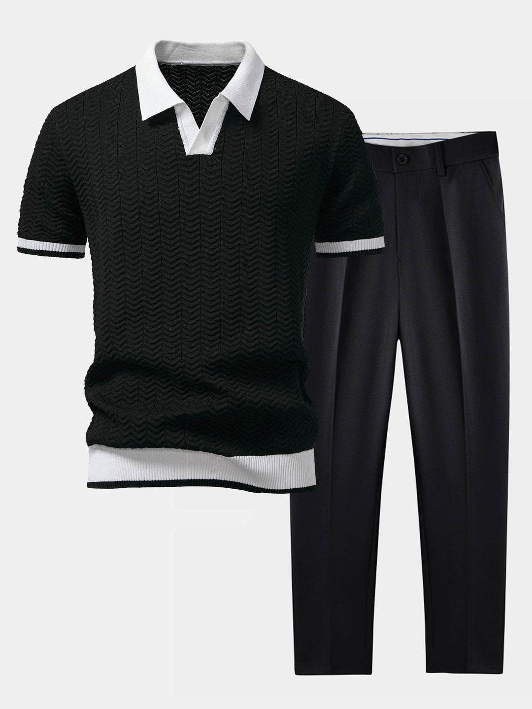 Knitted V-Neck Polo with Textured Contrast & Slim Fit Tapered Pants