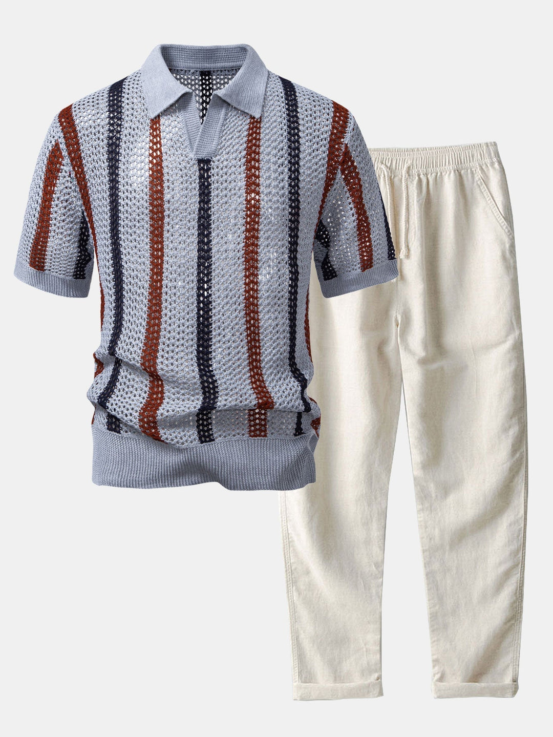 Striped Crochet Polo with V-Neck & Straight Leg Linen Pants