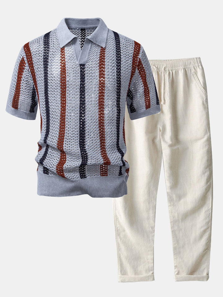 Striped Crochet Polo with V-Neck & Straight Leg Linen Pants