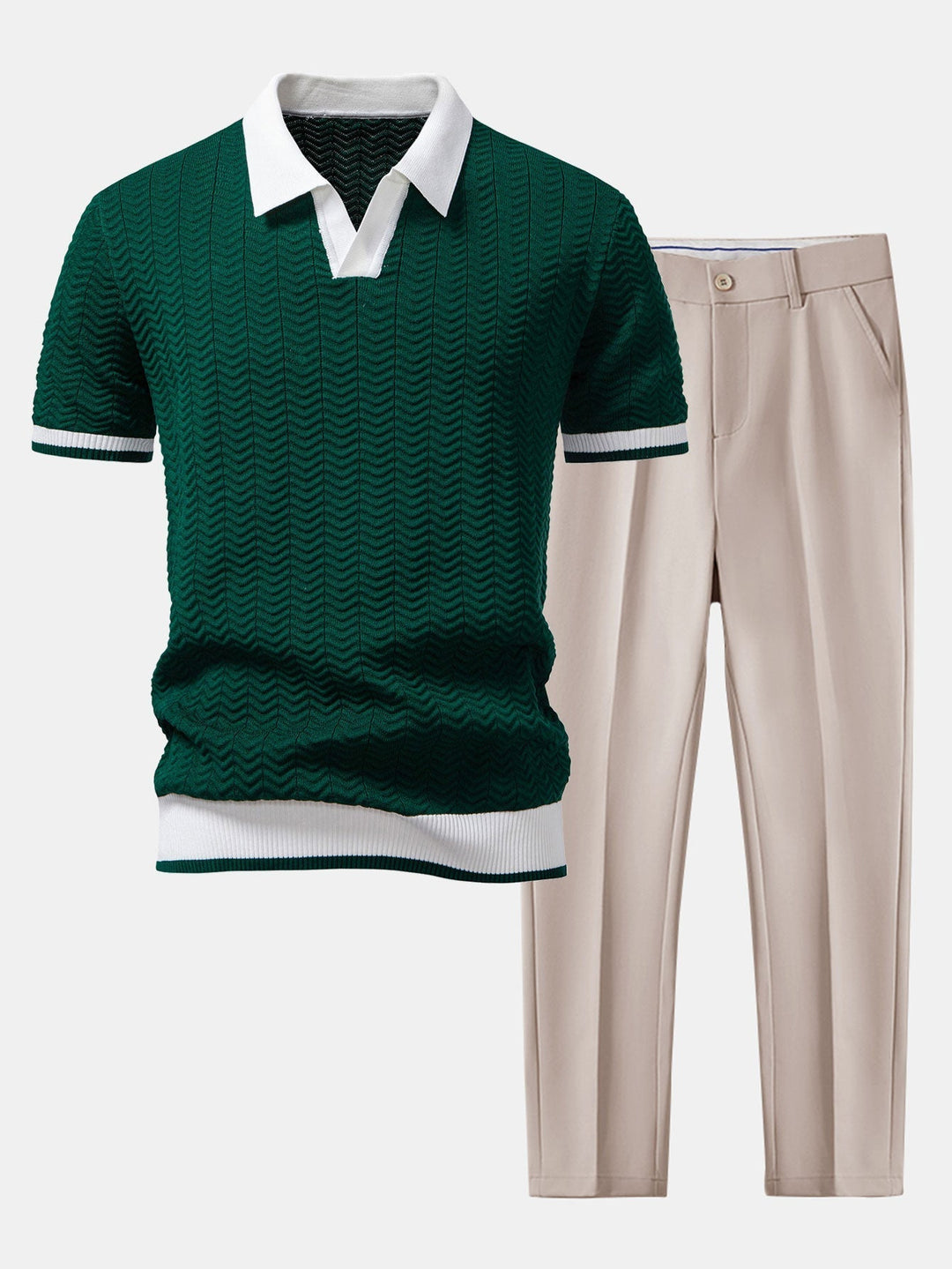 Knitted V-Neck Polo with Textured Contrast & Slim Fit Tapered Pants
