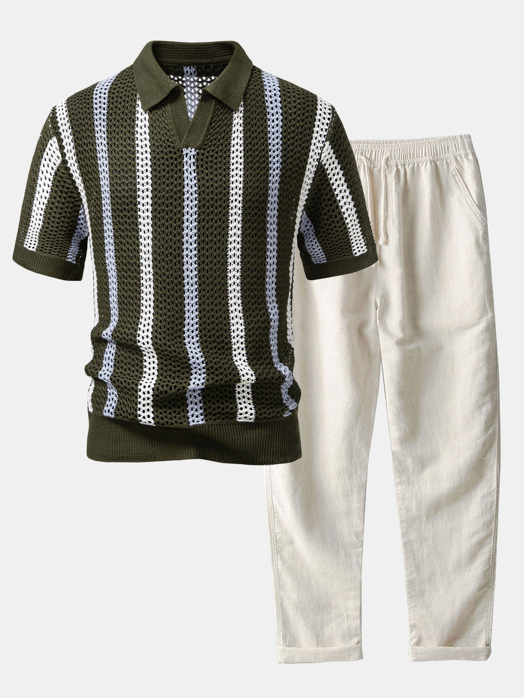 Striped Crochet Polo with V-Neck & Straight Leg Linen Pants
