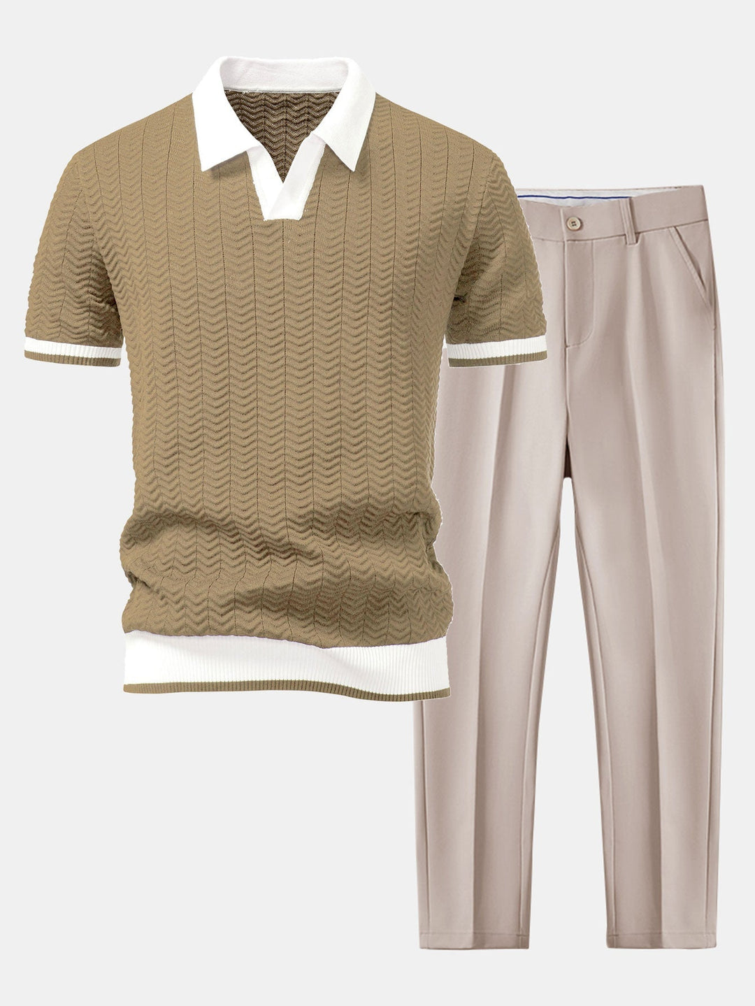 Knitted V-Neck Polo with Textured Contrast & Slim Fit Tapered Pants