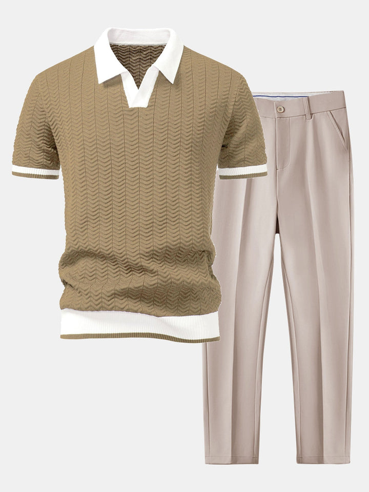 Knitted V-Neck Polo with Textured Contrast & Slim Fit Tapered Pants