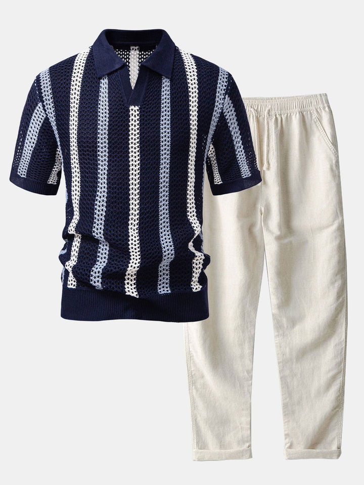 Striped Crochet Polo with V-Neck & Straight Leg Linen Pants