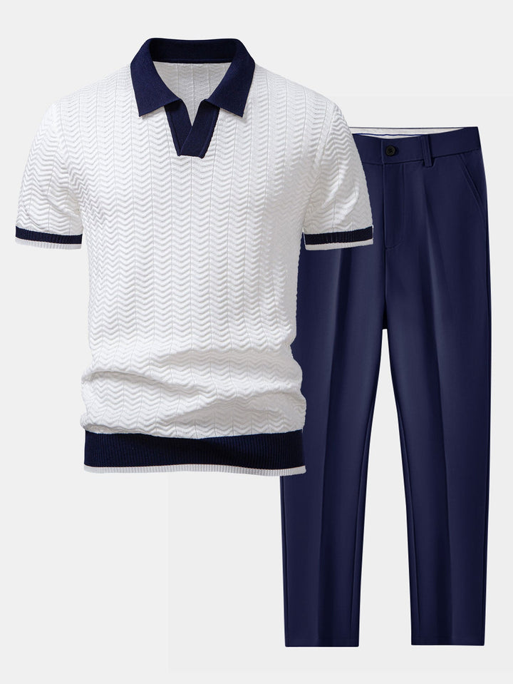 Knitted V-Neck Polo with Textured Contrast & Slim Fit Tapered Pants