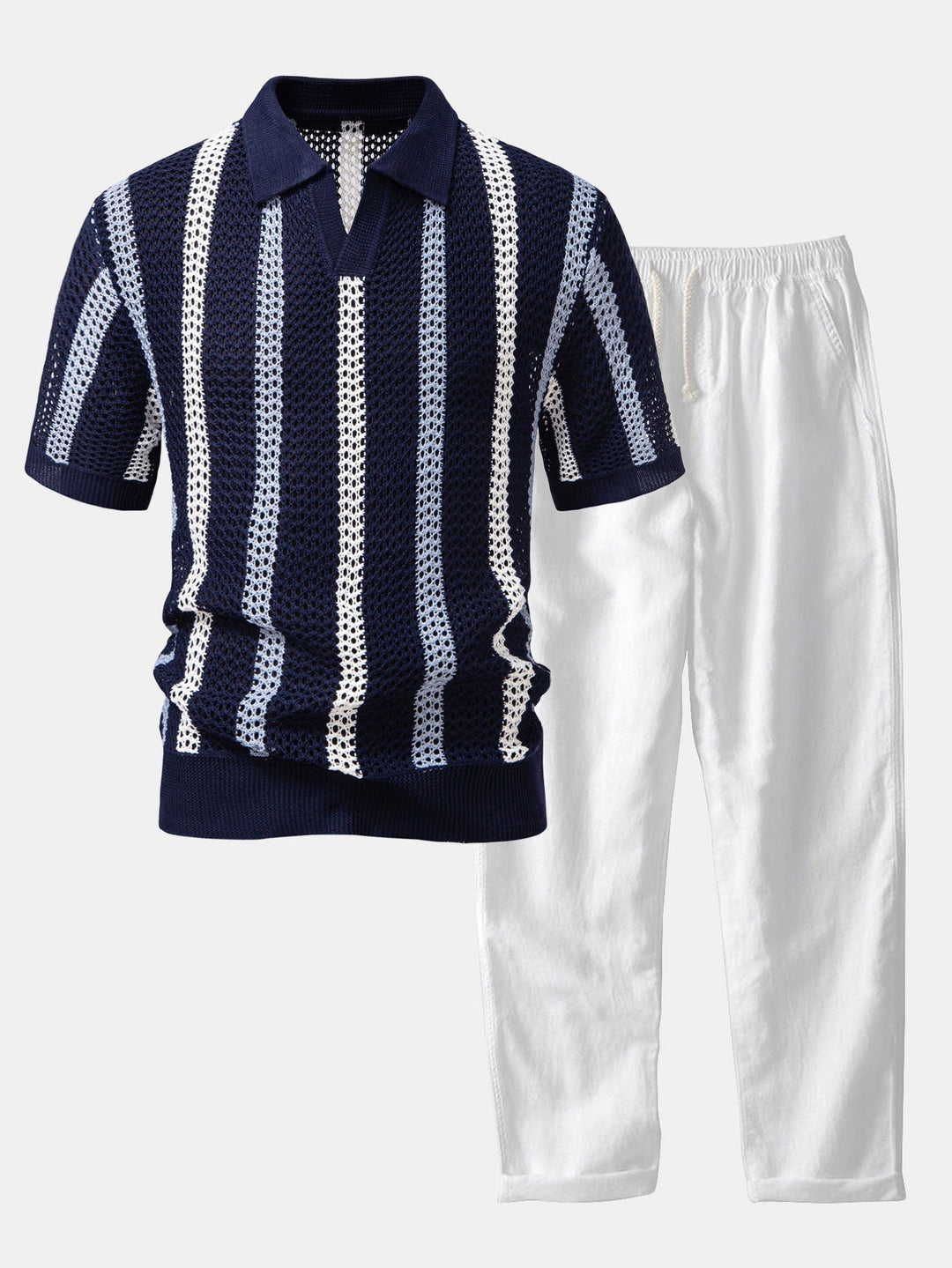 Striped Crochet Polo with V-Neck & Straight Leg Linen Pants
