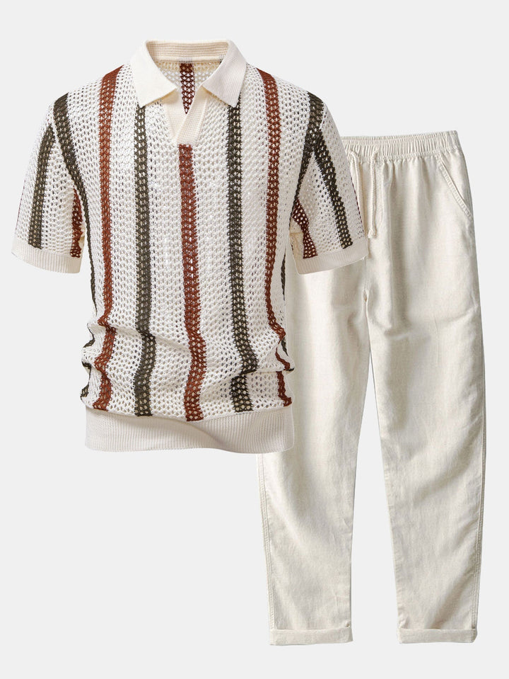 Striped Crochet Polo with V-Neck & Straight Leg Linen Pants