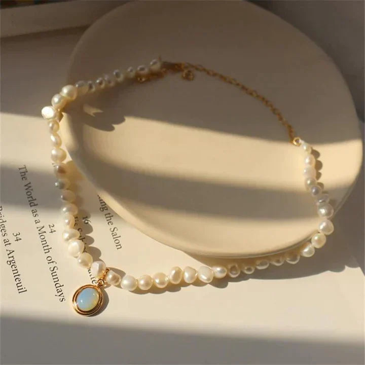 Gold Moonstone Necklace with Pearl