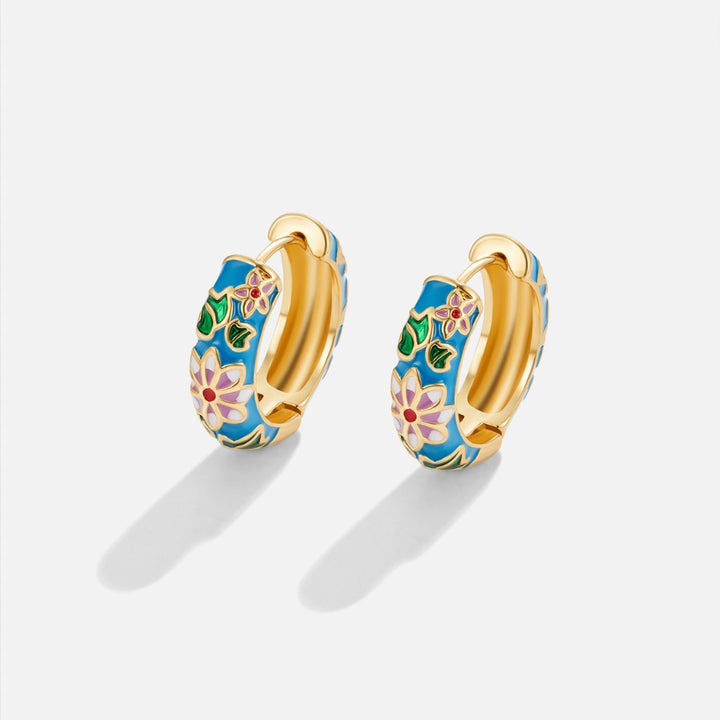 Flower-Embellished Gold Circle Earrings