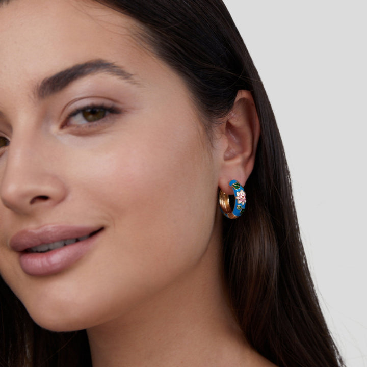 Flower-Embellished Gold Circle Earrings