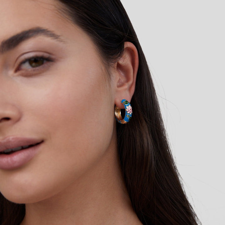 Flower-Embellished Gold Circle Earrings
