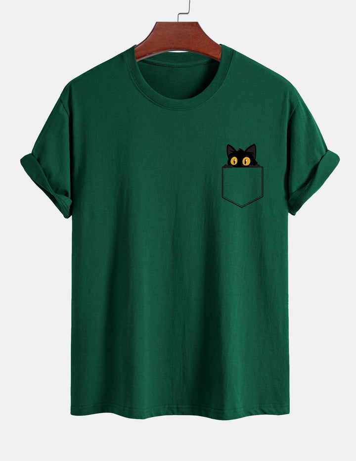 Regular Fit Black Cat Print Cotton T-shirt