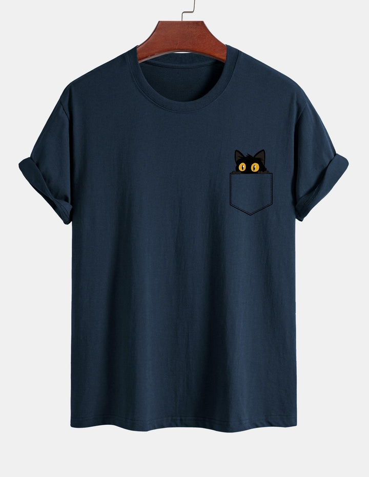 Regular Fit Black Cat Print Cotton T-shirt