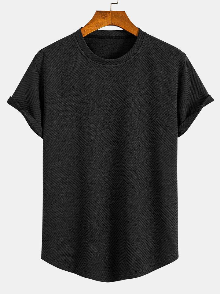 Short Sleeve Striped Jacquard T-Shirt with Curved Hem