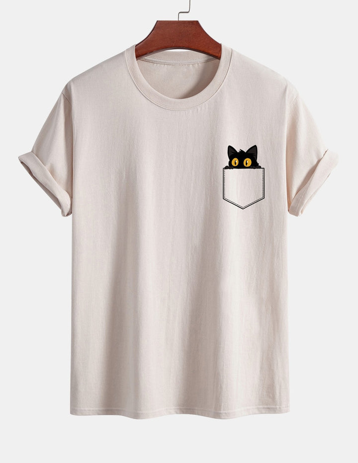 Regular Fit Black Cat Print Cotton T-shirt